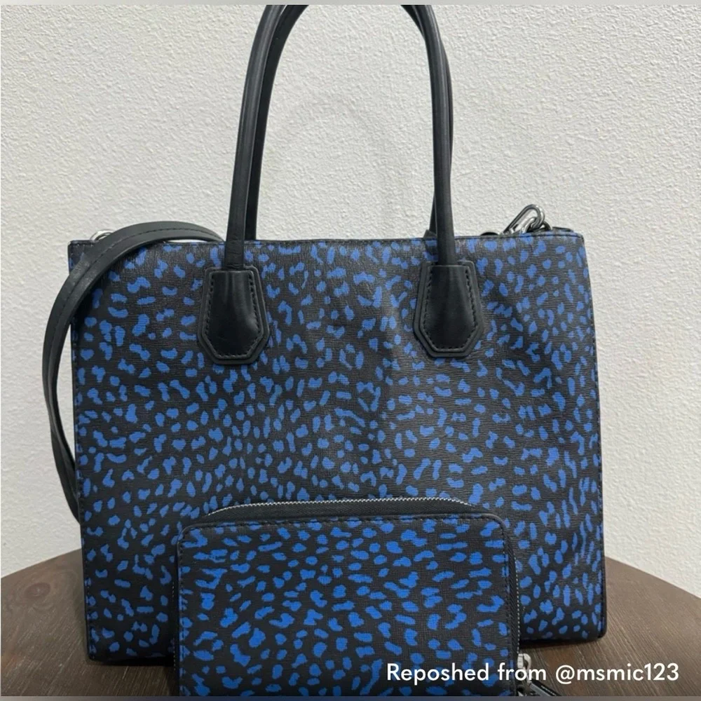 Michael Kors Blue and Black Leopard Print Tote with Wristlet and Strap - Picture 7 of 10